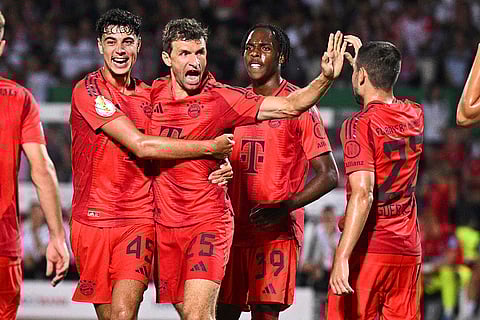 DFB-Pokal Ulm vs Bayern Munich: Thomas Müller celebrates after scoring a goal